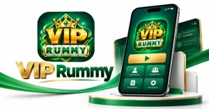 VIP Rummy app logo displayed alongside a smartphone mockup featuring a green and gold interface on a clean white background.